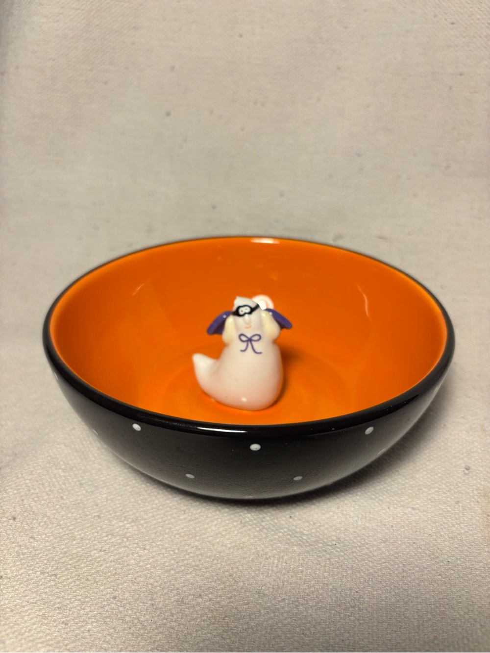 Orange and Black Polka Dot Small candy Bowl with Decorative Figurine